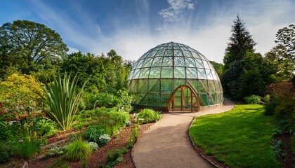 Fototapeta premium geodesic dome greenhouse showcasing eco friendly design in vibrant greens and browns surrounded by lush gardens and a winding pathway
