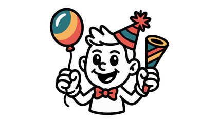Joyful Celebration: A charming illustration capturing the excitement of a party with a cheerful figure, adorned with party supplies. 
