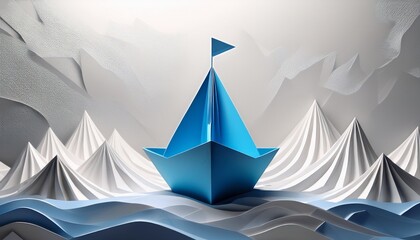 leadership concept featuring a blue paper ship prominently positioned amid white textured peaks on a light gray background symbolizing guidance and vision
