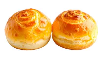 Two golden, swirled, baked bread rolls, isolated on a transparent background