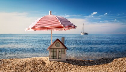 miniature house by the sea sheltered under a striped parasol dreams of escape