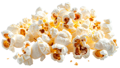 A pile of fluffy, popped corn kernels with golden centers, isolated against a backdrop