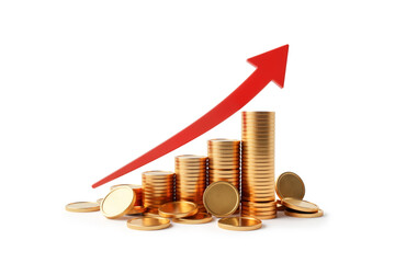 Stacks of Gold Coins with a Red Upward Arrow Showing Financial Growth