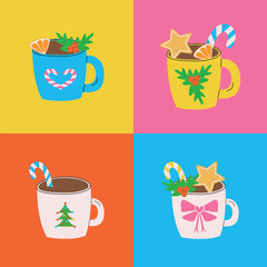 Set of Christmas hot chocolate cups. A wintery Christmas   cup  with a hot drink in a flat style. Vector illustration.