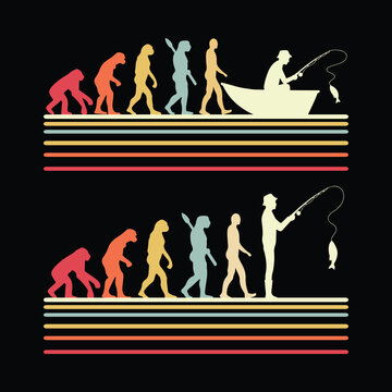 Colorful evolution of man to fisherman illustration showing stages from ape to modern human ending as a seated angler with fishing rod, all walking on retro horizontal rainbow