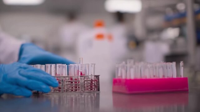 Medium shot of a scientist collecting DNA samples from pigs to enhance genetic traits linked to growth and resilience.