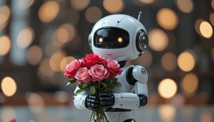 Robot holds bouquet of roses for Valentine's Day celebration in a bright setting Generative AI