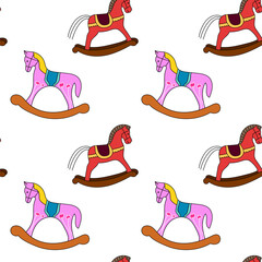 Seamless pattern with red and pink horses. Horses in seamless pattern.