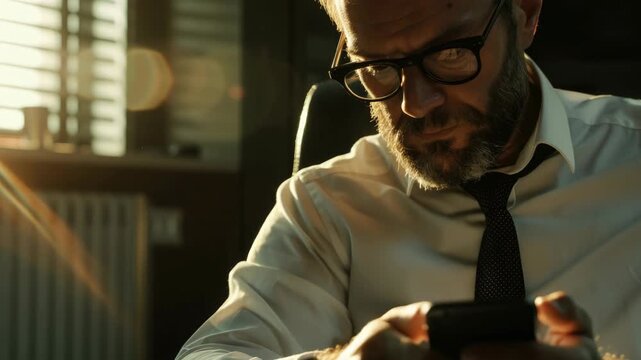 Gray-haired man with glasses inspecting evidence on notepad.