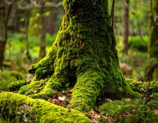 Obraz premium Close-up of a tree trunk with extensive green moss coverage, in a lush, verdant woodland setting
