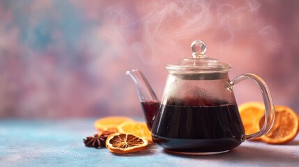 Steaming glass teapot with mulled wine, dried oranges, and star anise