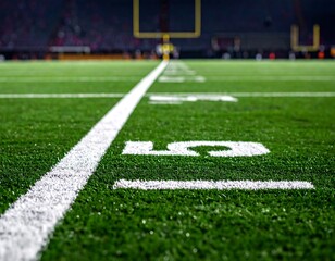 Close-up of a verdant field, white markings and yardage numbers, leading towards goal posts. Stadium setting is out of focus