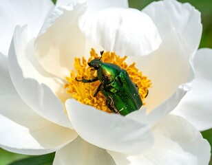 Close-up of a vibrant beetle resting inside a white flower, showcasing golden stamens. Petals frame the subject beautifully