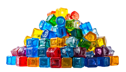 A vibrant pile of colorful, translucent, cube-shaped blocks on a black background