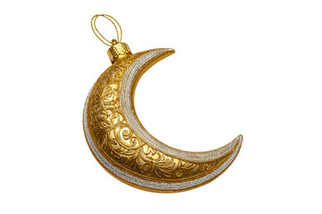 Ornate golden crescent moon Christmas ornament with intricate floral patterns image, Png, Isolated on Transparent Background, Cut Out