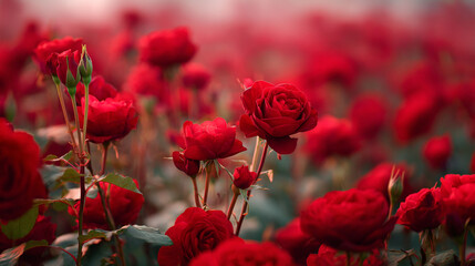 Obraz premium A vibrant field of red roses in full bloom on a sunny day outdoors