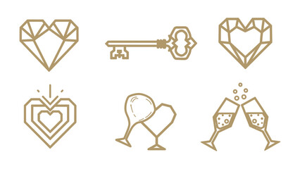 Elegant Symbols of Celebration: A sophisticated arrangement of golden-toned geometric hearts, an ornate key, and celebratory champagne glasses, exuding a sense of luxury, romance.