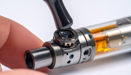 Close-up of a hand carefully filling a clear glass cartridge with dark liquid. The device has metal and glass components