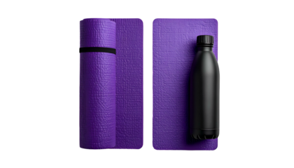 Rolled yoga mat with strap, unrolled mat, and a water bottle, on a black background