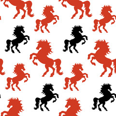 Red and black horses in seamless pattern. 2026 seamless pattern. Red horse. Black horse.