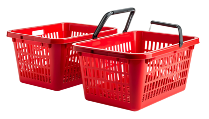 Two red rectangular shopping baskets, one slightly in front of the other, with black handles