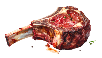 Watercolor depiction of a large, perfectly grilled ribeye steak with a bone, isolated
