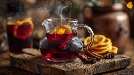 Steaming mulled wine with orange and spices on a rustic wooden board