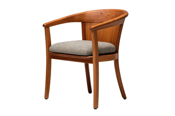 Wooden armchair with textured grey upholstered seat on black background furniture, Png, Isolated on Transparent Background, Cut Out