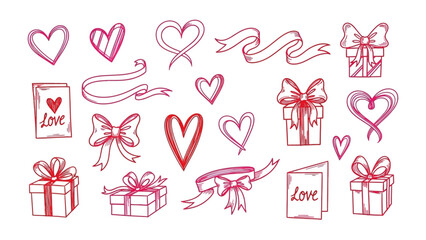 Love and Gift doodle set: A vibrant doodle set captures the essence of love and celebration, with a charming collection of hearts, ribbons, bows, and gift boxes. Perfect for conveying warmth.