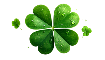 A detailed image of a four-leaf clover with water droplets, featuring two smaller clovers