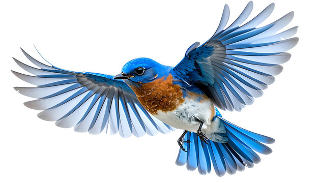 Vibrant blue bird in full flight, wings spread wide, showcasing its colors