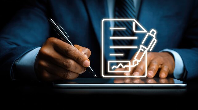 Business professional in suit using pen to engage with digital document icon (with chart) on tablet. Concept of form, signature, contract, office work, digital paperwork, business agreement - Powered by Adobe