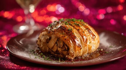 Elegant individual pastry dish with a golden crust and festive bokeh