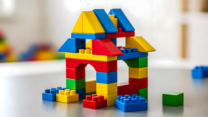 Colorful building blocks stacked to create a miniature house, ideal for child development and creative play