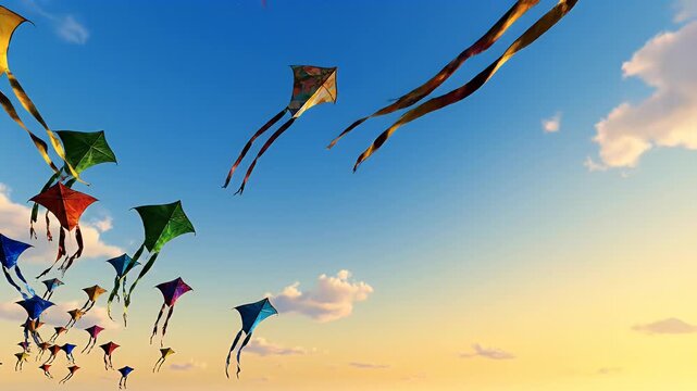 International Kite Day celebration with colorful kites flying in open sky and flowing tails