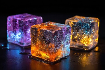 Three vibrant glowing ice cubes with glitter on a dark surface