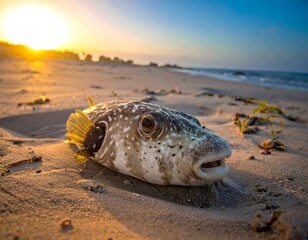Close-up of a pufferfish on a sandy beach during sunset, with ocean and golden sky in the background
