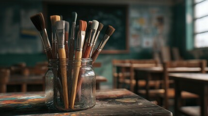 Glass jar with various paintbrushes sits on paint-stained wooden table; art studio classroom background has desks, chairs, chalkboard, creative art supplies, artistic workspace.