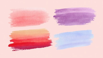 Watercolor brush strokes in pink-orange, purple, gradient red-orange, light blue hues; textured wash on soft pink background, abstract artistic element for design, decor, graphic use.