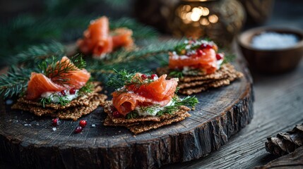 Gourmet smoked salmon canaps with dill and pomegranate on rustic wood