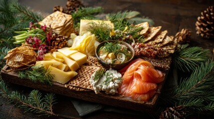 Festive holiday charcuterie board with salmon, cheese, and crackers