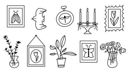 Whimsical cozy set. Cute aestetic elements. Bird, post stamp, plants.