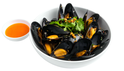 Steamed mussels in a white bowl with a side of sauce. Garnished with herbs