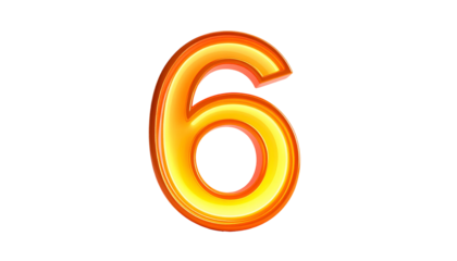 A vibrant, glowing number six in orange and yellow hues, outlined against a solid black background. The numeral appears to have a polished, glossy appearance