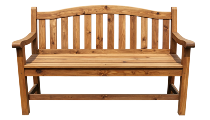 A detailed, frontal view of a wooden park bench, isolated on a black background
