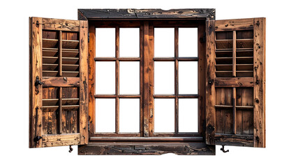 Weathered wooden window with open shutters against a transparent backdrop