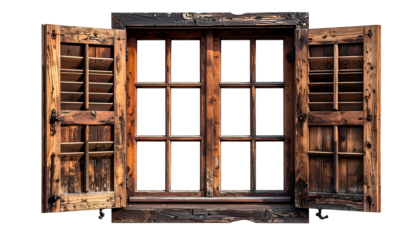 Weathered wooden window with open shutters against a transparent backdrop