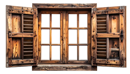 A rustic wooden window with open shutters revealing a dark interior