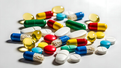 A vibrant collection of colorful pills and capsules on a white background, symbolizing diverse pharmaceutical treatments, health, wellness, and modern medical solutions