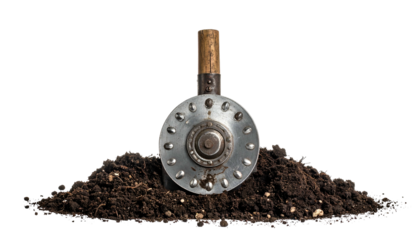 Metallic circular object with wooden handle planted into dark, grainy earth against black